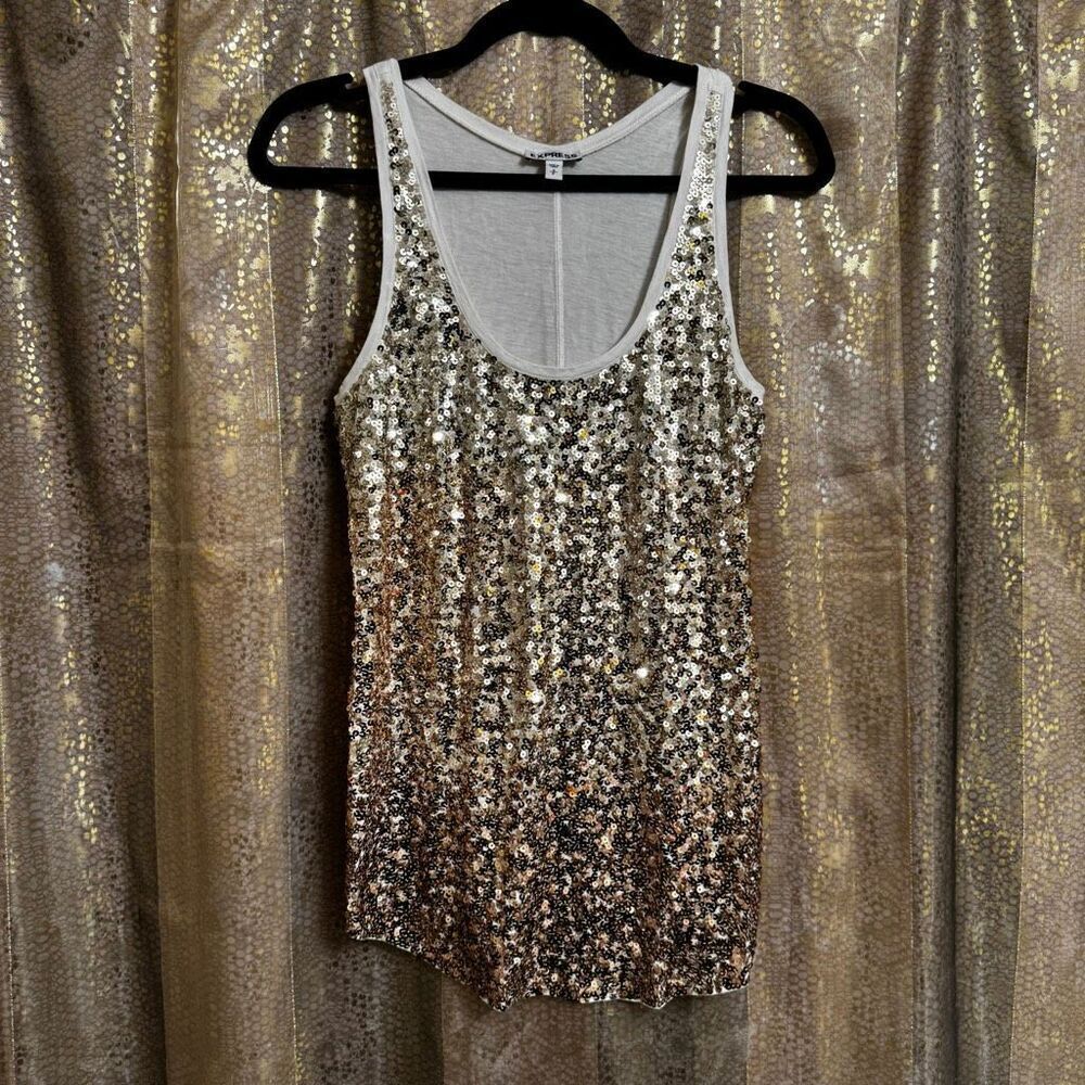 Express 2000s Gold Sparkly Sequin Cotton Modal Tank Top Stretchy Small